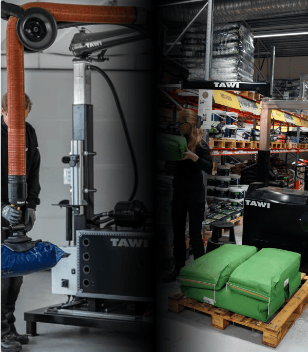 Operadores manipulado sacos con equipos moviles TAWI